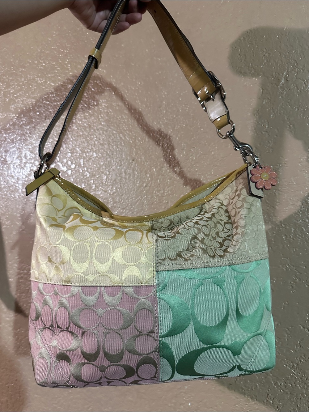 Coach Patchwork Signature Hobo Bag - Pastel Yellow, Pink, Mint, Beige